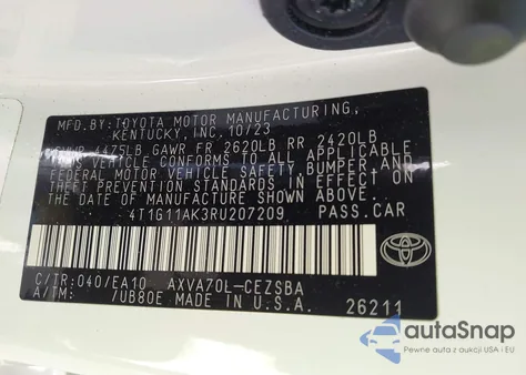 2024 Toyota Camry Se from USA, damaged, VIN 4T1G11AK3RU207209